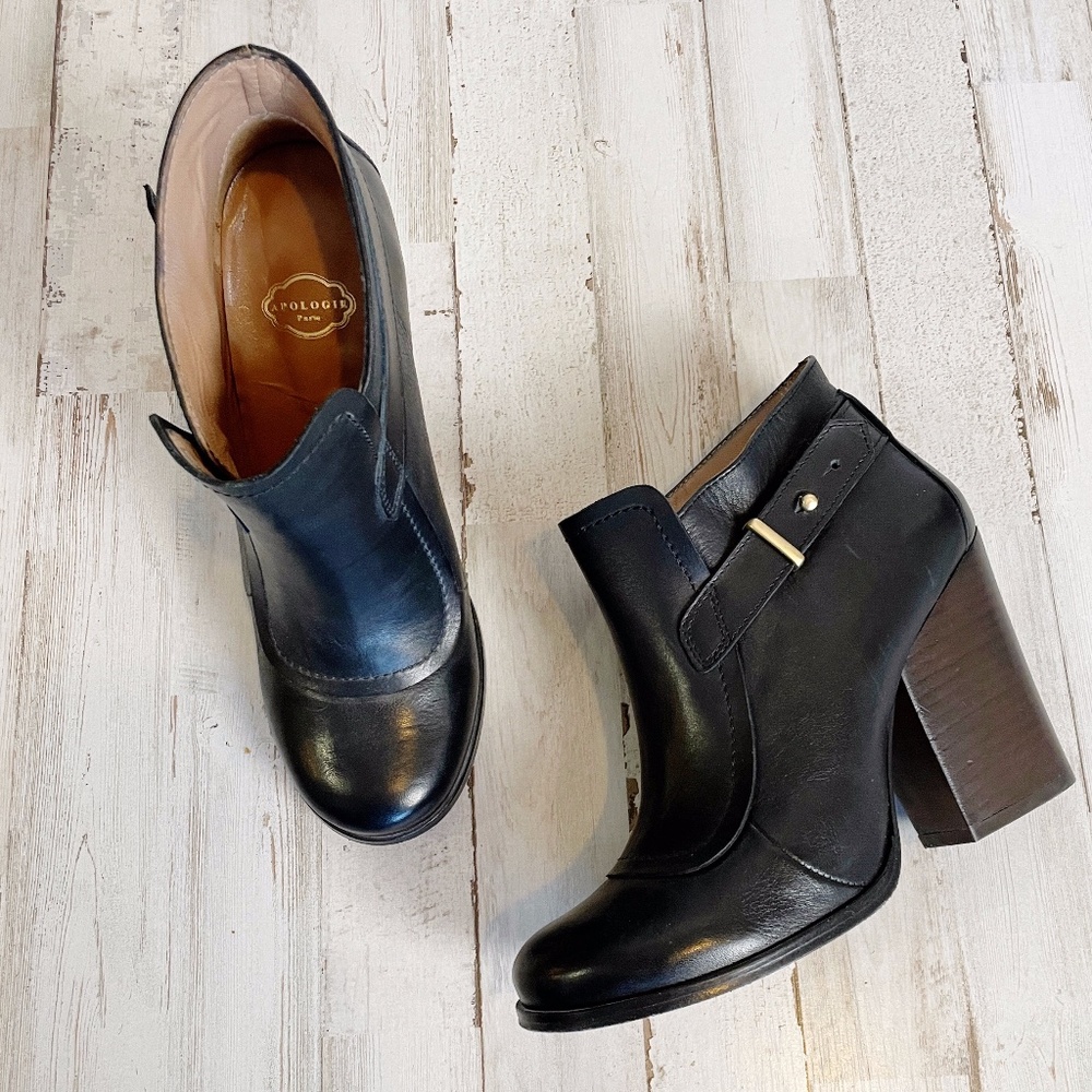 Apologie Paris | Black Leather Heel Buckle Detail Booties | Size: 38